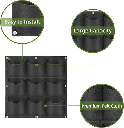 Hanging Planting Grow Bags, 9 Pockets Hanging Vertical Wall Planter Wall Mounted Grow Bag Outdoor Indoor Gardening Vertical Greening Flower Container, Planting Bags Storage Bags(0.5 m × 0.5 m, Black)