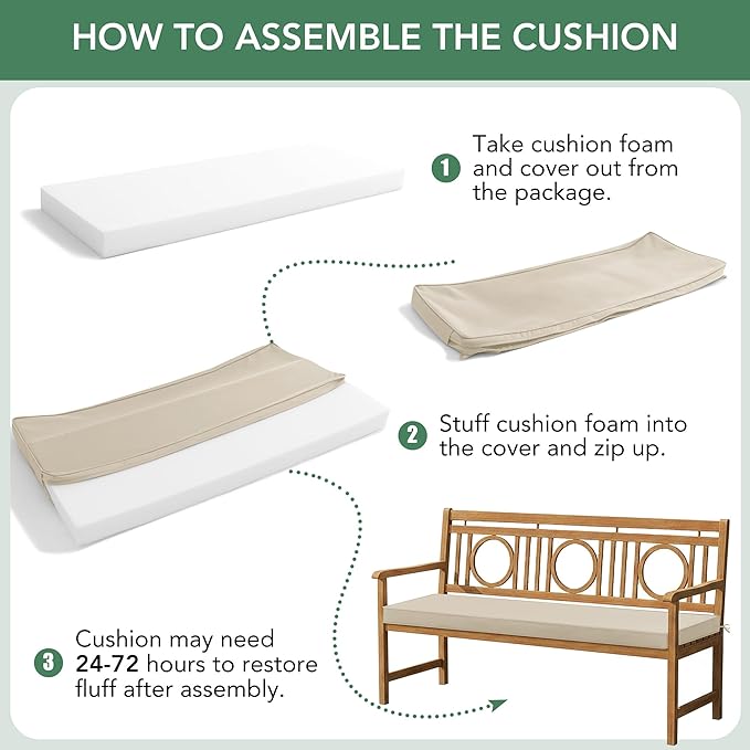 Summsun Outdoor Bench Cushion: Waterproof and Fade Resistant Patio Furniture Cushions - Non-Slip Bench Pad Cushion with Removable Cover for Garden Swing Porch Sofa Settee, 45 x 18 Inch, Beige