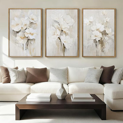 Anyzal Framed Neutral Beige Floral Wall Art Large 16x24 Inch White Cream Flower Canvas Wall Decor Modern Botanical Farmhouse Painting for Living Room Bedroom Dining Room Set of 3