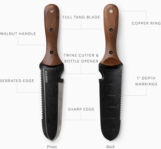 Barebones Hori Hori Classic - Garden Knife - Heat-Tempered Stainless Steel Blade and Walnut Handle - Gardening Knife and Sheath Bundle (Walnut/Black)