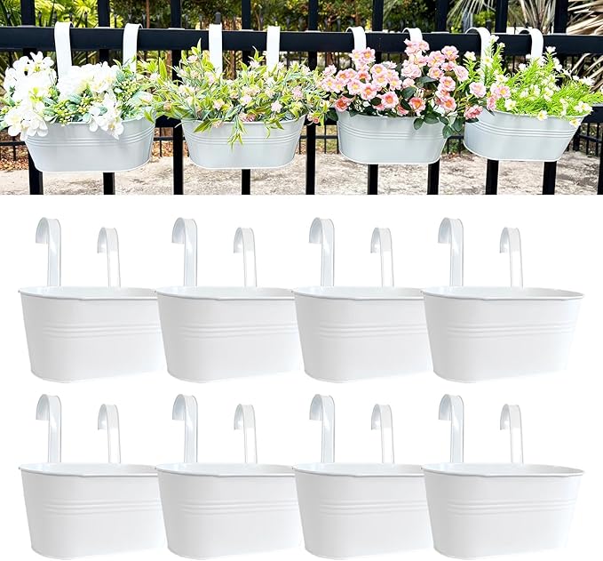 12" Balcony Railing Planters, Outdoor Hanging Planter for Fence, Stylish Metal Porch Deck Flower Pot for Herbs & Succulents (White, Pack of 8)