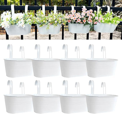 12" Balcony Railing Planters, Outdoor Hanging Planter for Fence, Stylish Metal Porch Deck Flower Pot for Herbs & Succulents (White, Pack of 8)