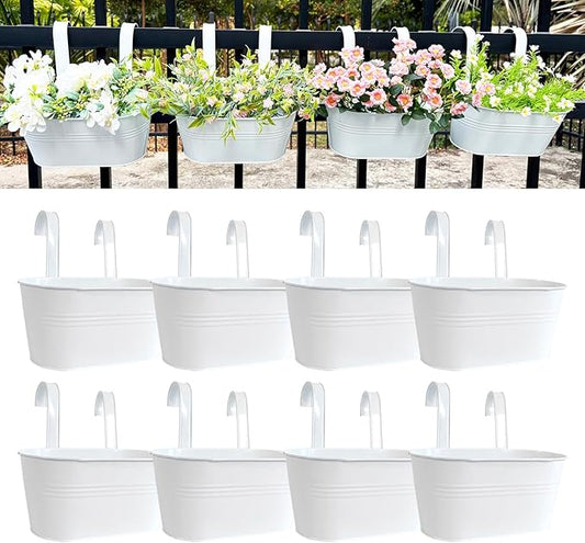 12" Balcony Railing Planters, Outdoor Hanging Planter for Fence, Stylish Metal Porch Deck Flower Pot for Herbs & Succulents (White, Pack of 8)