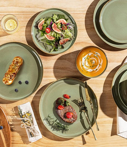 TheTerra Ceramic Dinnerware Sets for 4, 16 Pieces Porcelain Lightweight Plates and Bowls Sets, Scratch Resistant Dish Set, Oven & Microwave & Dishwasher Safe, Sage Umber