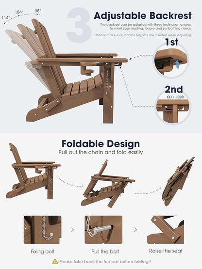 KINGYES Folding Adjustable Adirondack Chair with Ottoman & 2 Cup Holders Set of 4, HDEP Reclining Adirondack Chair with Footrest, Brown