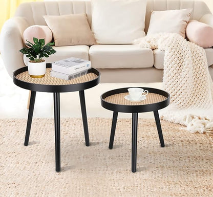 Rattan Round Side Table, Black Small End Table, Accent Table, Modern Boho Bedside Table, Mid-Century Patio Side Table, End Tables for Living Room Bedroom Office Balcony