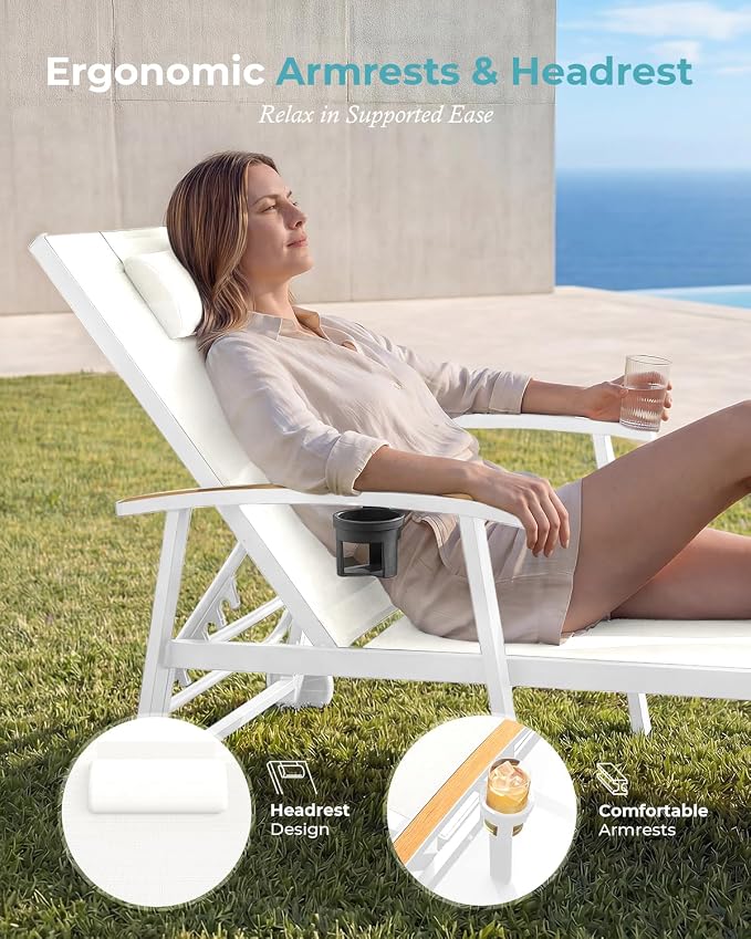 Ciokea Outdoor Lounge Chair with Pillow Set of 4, 5-Position Chaise Lounge with Wheels & Armrests, 400 lbs Heavy Duty Aluminum Pool Lounge Chairs, for Beach, Deck, Poolside & Backyard, White