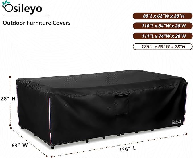 Waterproof Patio Furniture Covers,600D Heavy Duty Patio Cover for 6/7/8 PCS Sets Sectional Sofa Couch Dining Rocking Swivel Chairs Ottomans Coffee Table,126L x 63W x 28H inch Black