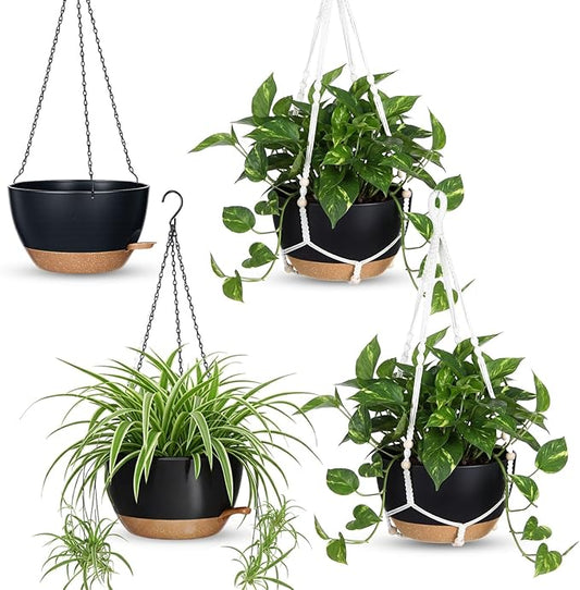 Sliner Set of 4-10 Inch Self Watering Hanging Planters Includes Hanging Pots and Outdoor Hanger Plant Pots with Drainage Holes 2 Types of Hanger Basket Hooks for Patio Garden(Black Brown)