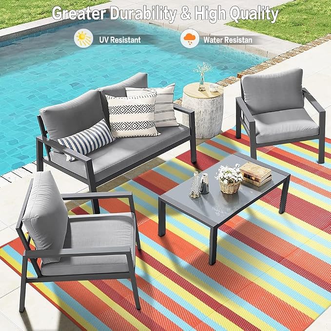 HUGEAR Outdoor Waterproof Rug 8'x10' Plastic Straw Rugs Washable Reversible Floor Mat Rainbow Stripe Carpet for Camping RV Deck Entryance Porch Picnic Balcony Beach Backyard
