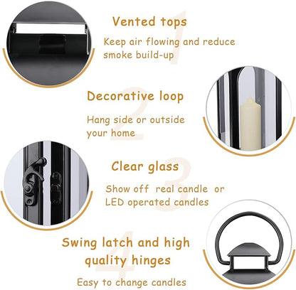 Bdor 2 Pack Luxury Black Metal Lanterns – 16" Tall Modern Hurricane Candle Lanterns with Tempered Glass Panels for Front Porch, Tabletop, Mantel, Wall Hanging, Garden, Indoor & Outdoor Décor