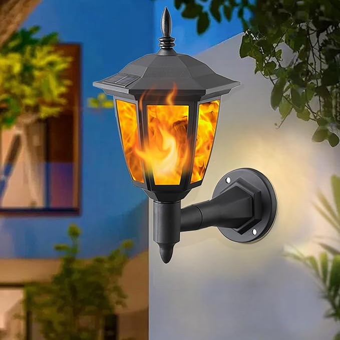 Dynaming 2 Pack Solar Flame Wall Lanterns Outdoor, Solar Powered Wall Mounted Sconce Lights, Flickering Flame LED Lights Auto On/Off Wall Hanging Lights, Waterproof for Garage Stair Patio Porch Yard