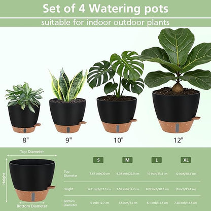 Self Watering Planters Set with Water Level Indicator, 12" 10" 9" 8" Large Plastic Flower Pots with Mesh Drainage Hole and Removable Saucer Reservoir for Indoor Outdoor Plants 4pcs （Black