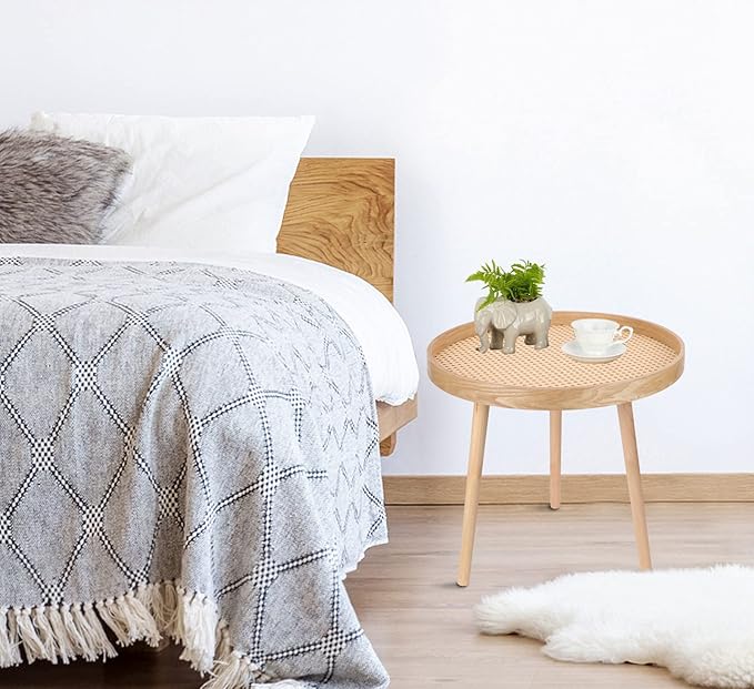 Round Coffee Table Set of 2, Natural Boho Coffee Tables, Small Mid Century Modern Rattan Coffee Table, Boho Side Table End Tables for Living Room Bedroom Office