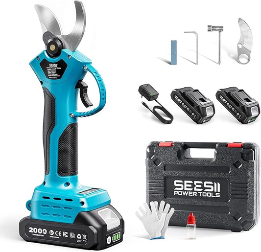 SEESII Electric Pruning Shears, 1.4" Cutting Cordless Power Pruner, 2 * 2000mAh Batteries, Brushless Motor, Extra SK5 Blade, 2 Modes Battery Powered Branch Cutter for Garden Tree Trimming