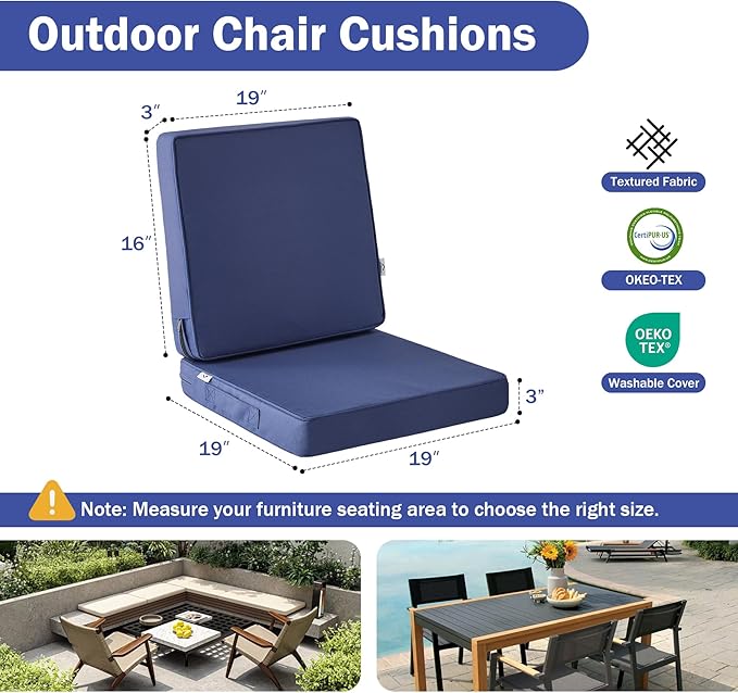 IPYNBAP Outdoor Cushions, Outdoor Chair Cushions 19x19x3 Inch, Cushions for Outdoor Furniture with Removable Cover, Waterproof & Fade Resistant Outdoor Seat Cushions for Patio, Lawn, Navy Blue