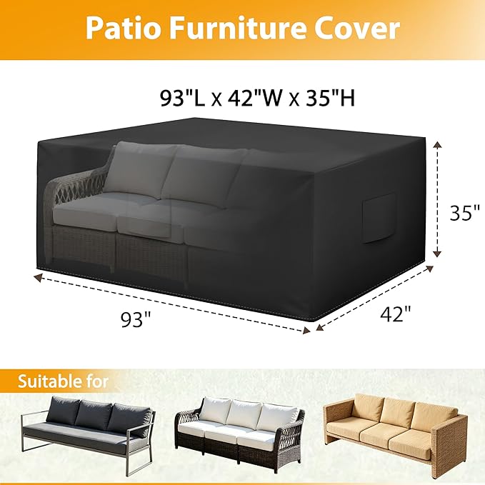 HDCAXKJ Patio Furniture Covers Waterproof Outdoor Couch Cover with Bottom Zipper Seal Heavy Duty Lawn Patio Sofa Cover Chair Loveseat Sectional Set Sofa Protector (Black & Brown, 93" Lx42 Wx35 H
