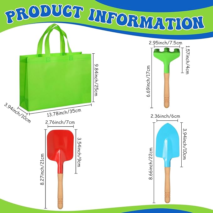 Liliful 40 Pcs Kids Gardening Tools Set Garden Rake Garden Shovel Gardener Trowel Green Tote Bags Metal Mini Gardening Tools with Wooden Handle Beach Sandbox Toy for Planting Loosening Digging