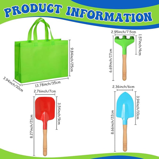 Liliful 60 Pcs Kids Gardening Tools Set Garden Rake Garden Shovel Gardener Trowel Green Tote Bags Metal Mini Gardening Tools with Wooden Handle Beach Sandbox Toy for Planting Loosening Digging