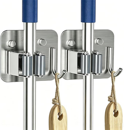 2 Pack Broom Holder Wall Mount, 304 Stainless Steel Mop Organizer with Hooks, No Drill Adhesive and Screw Installation, Rust Proof Storage Rack for Garage, Laundry, Garden, Silver