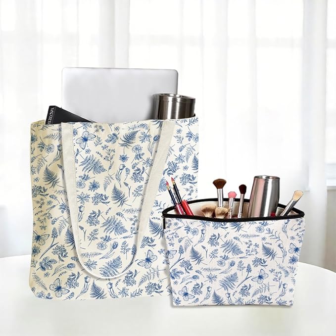 Flower Plant Lover Gifts for Women Canvas Tote Bag with Makeup Bag Cosmetic Bags Grocery Bags for Shopping Christmas