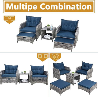 5 Pieces Wicker Outdoor Patio Chairs Set with Ottoman, All Weather PE Rattan Patio Conversation Furniture Set Outdoor Furniture Set with Hidden Ottoman for Poolside Garden Balcony, Blue