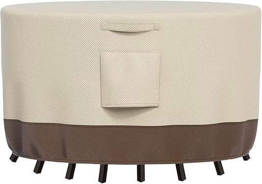 Round Patio Furniture Cover 60 Inch Waterproof, Heavy Duty UV Protection Outdoor Chair Covers for All Seasons, Durable Weatherproof Patio Table Covers with Tie (Beige & Brown，96" DIAx28 H)