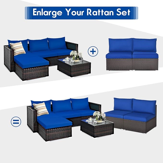 COSTWAY 2PCS PE Rattan Armless Sofa, Wicker Patio Conversation Set Chairs with Soft Cushion, Outdoor Sectional Furniture for Yard, Poolside (Navy)