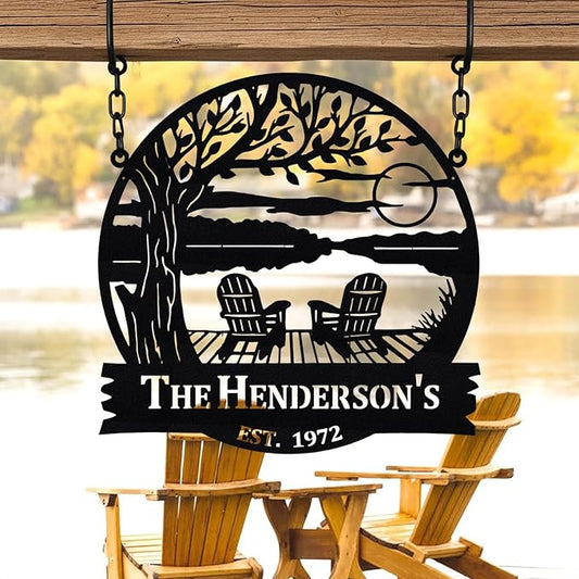 Personalized Lake House Metal Sign, Custom Sunset Dock Scene Metal Wall Art, Gift for Family, Couple Gifts, Family Name Monogram Signs, Camping Wall Art, Outdoor Decor