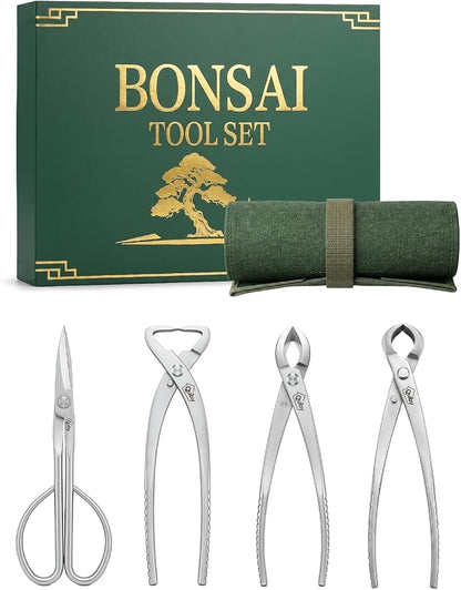 4-Piece Bonsai Tools Set with Tool Roll Bag Organizer, Heavy Duty Bonsai Tree Kit with Luxury Gift Box, Bonsai Starter Kit, Include Concave Cutter, Knob Cutter, Trunk Splitter, Bonsai Scissors