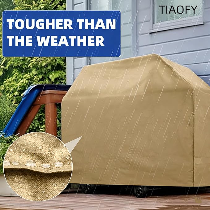 BBQ Gas Grill Cover for Outdoor, Anti-UV, Rip-Proof, 600D Oxford Fade Resistant Material, Barbecue Cover with Hook and Loop Straps & Adjustable Hem Drawstring (Beige, 55”x23”x42”)