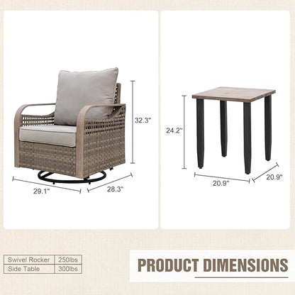 Modern Wicker Bistro Table and Chairs Set, Rattan Outdoor Bistro Set for Patio, Wicker Patio Swivel Rocking Chairs & Table, 3 Pieces, Brown/Gray