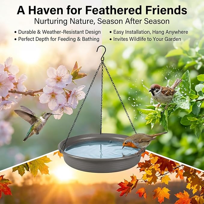 Hanging Bird Bath Bird Feeder - Bird Bath for Outside Outdoors Hanging with Tray Bowl Water Feeder, Garden Bird Bath 2-in-1 Bird Feeder Bath, Durable PP Bird Bath Bowl for Garden Patio Backyard Decor