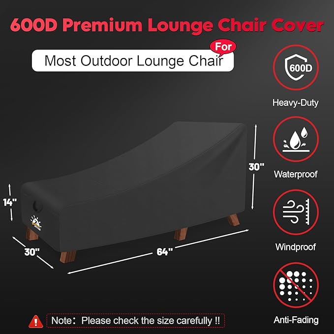 Zettum Outdoor Lounge Chair Cover - Waterproof Patio Chaise Lounge Chair Cover, 600D Heavy Duty Fade-Resistant Outdoor Seating Covers For Pool Lounge Chair, Lawn Bench Furniture 64 x 30 x 30 Inch
