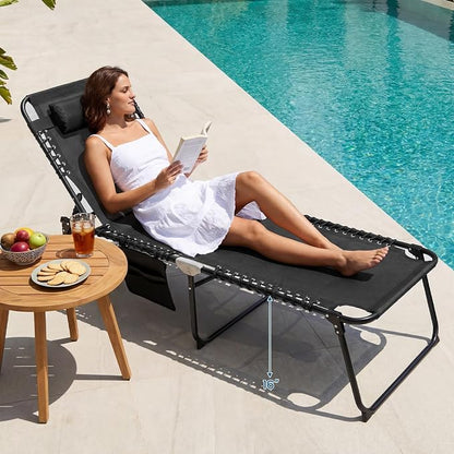 Tangkula Beach Lounge Chair for Outside, Folding Chaise Lounge Outdoor with 4-Position Backrest, Removable Headrest and Side Pocket, Portable Sunbathing Tanning Chair for Patio, Poolside (2, Black)