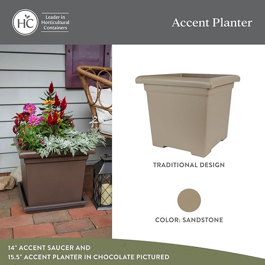 The HC Companies 12.5 Inch Accent Square Plant Pots with Drainage, Lightweight UV-Resistant Plastic Planters for Indoor & Outdoor Plants, 2-Pack Flower Pots for Garden, Office & Home Decor, Sandstone