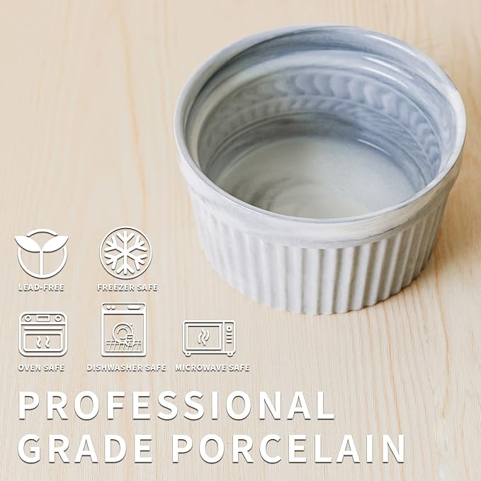 Yundu 4.5 Ounce Grey Marble Ceramic Ramekins - Perfect for Creme Brulee, Oven Safe, Baking & Souffle - Set of 6