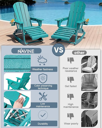 Adirondack Rocking Chairs Set of 4 with Retractable Ottoman, All Weather Folding Adirondack Chair with Two Cup Holders, Adirondack Outdoor Rocking Chairs for Porch, Patio, Balcony. Lake Blue