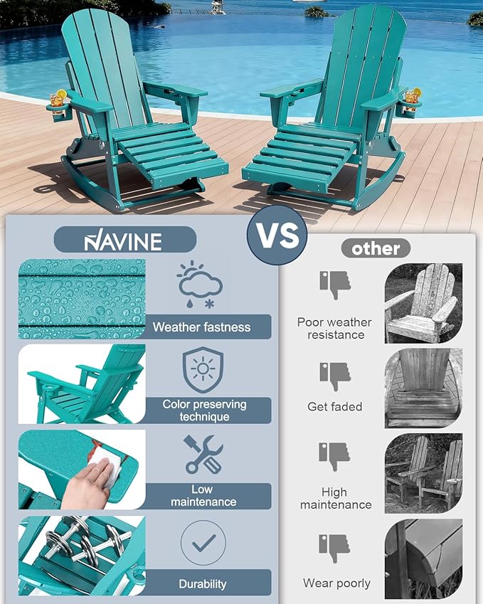 Adirondack Rocking Chairs Set of 8 with Retractable Ottoman, All Weather Folding Adirondack Chair with Two Cup Holders, Adirondack Outdoor Rocking Chairs for Porch, Patio, Balcony. Lake Blue