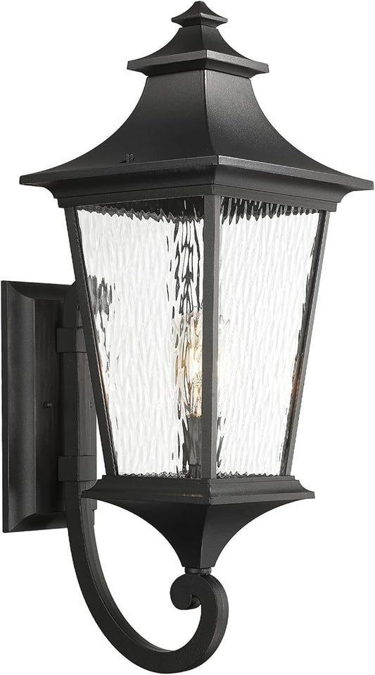 Emliviar 29.3" Large Exterior Wall Light, Outdoor Wall Sconce Suitable for House Porch, Water Ripple Glass in Black Finish, XE292UB-L SW BK