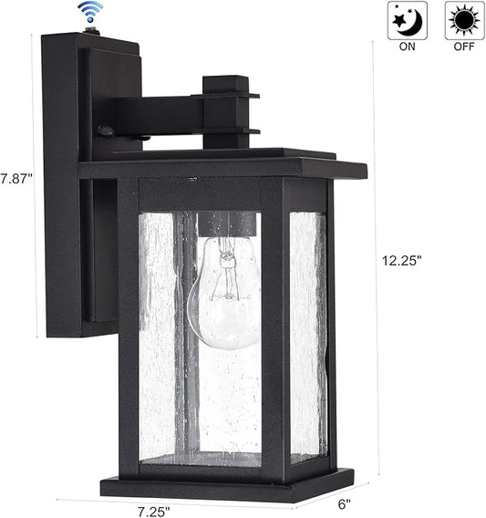 MICSIU Dusk to Dawn Sensor Outdoor Lighting Fixture, Textured Black Exterior Wall Sconce with Clear Seedy Glass, 12.25 Inch Outside Wall Lights for House,Garage, Patio, Doorway, Pathway, Balcony