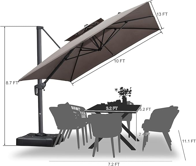 PURPLE LEAF Cantilever Patio Umbrella Outdoor Aluminum Offset Square Umbrella Windproof Heavy Duty Hanging Outside Umbrella for Deck Pool Garden