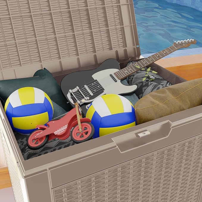 30 Gallon Deck Box, Waterproof Resin Rattan Outdoor Storage Box Lockable for Patio, Fade Resistant Ourdoor Side Table & Organizer for Garden Tools, Pool Floats, Outdoor Cushions, Light Coffee