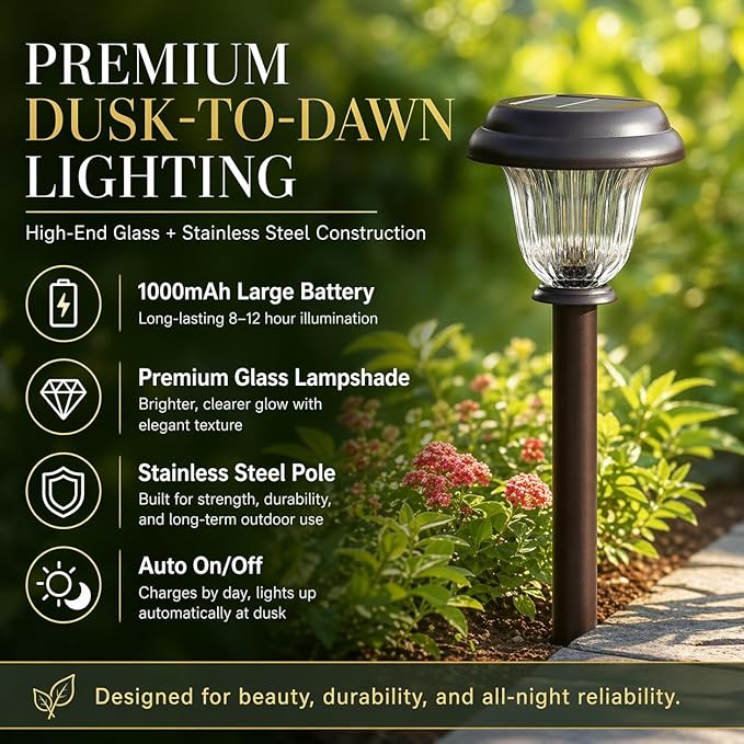 Solar Lights Outdoor, 6 Pack Metal Solar Pathway Lights, Heavy Duty Stainless Steel & Glass, Auto On/Off Waterproof Garden Lights for Driveway Landscape Walkway Yard Outdoor Decor (Warm White)