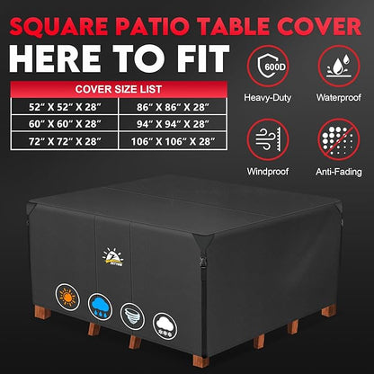 Zettum Patio Furniture Cover Square - 600D Outdoor Table Cover Waterproof & Heavy Duty, 86 Inch Large Lawn Furniture Set Covers for Outside Dining Table and Chairs Seating Combo - 86 x 86 x 28 Inch