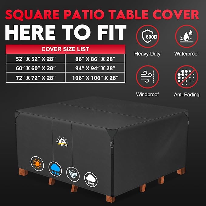 Zettum Patio Furniture Cover Square - 600D Outdoor Table Cover Waterproof & Heavy Duty, 94 Inch Large Lawn Furniture Set Covers for Outside Dining Table and Chairs Seating Combo - 94 x 94 x 28 Inch