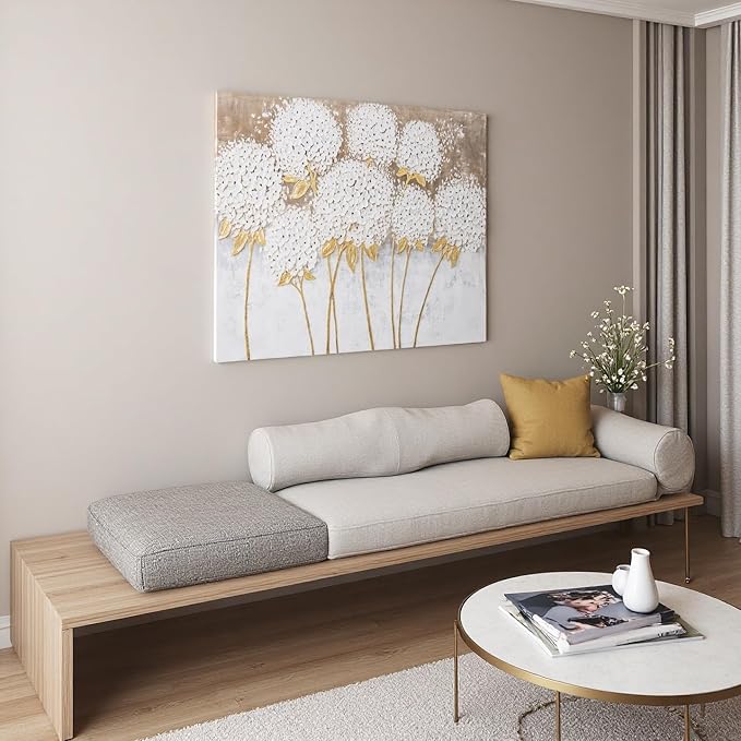 JolyWell White Hydrangea Flower Wall Art, hand-painted Large Canvas Wall Art for Living Room, 3D Textured Oil Painting, Neutral Wall Art decor, Kitchen Bathroom Office Bedroom Wall Art Decor 40" 28"