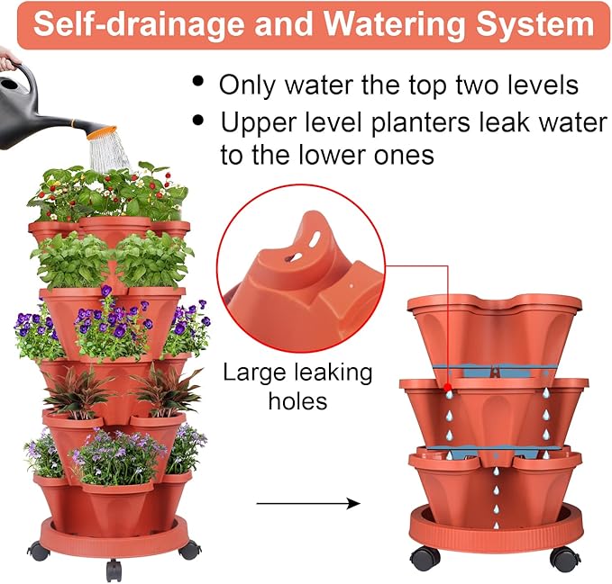 GameXcel Vertical Planter Tower - 5 Tier Stackable Garden Planters with Wheels and Tools Plant Pots for Strawberry Herb Flower and Vegetable Indoor Outdoor Use Red