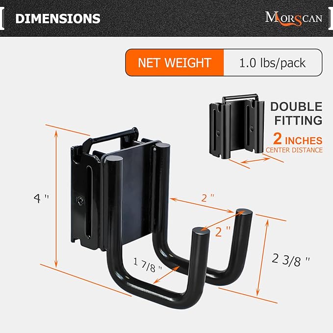 4-Pack E-Track Double Fitting J-Hooks, 2" Wide & 2" Deep Stable E Track Double J Hooks with Dual Fittings, Heavy Duty Shovel Hanger for Trailers, Trucks, Garden Tools Organizers Storage