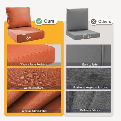 Outdoor Cushion Set for Furniture Patio Furniture, UV Resistant, Water Resistant - 6 Inch Thick Foam Garden Cushions – 22x24 Inch Patio Seat Covers for Chair/Sofa/Couch | Orange | 8-Pack |
